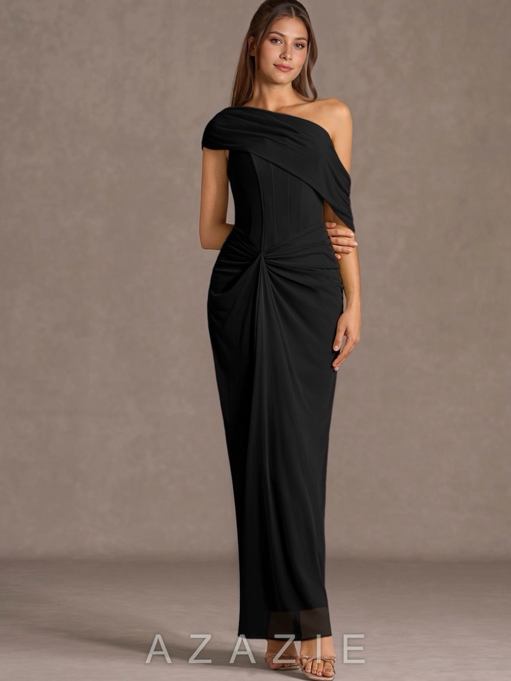 Azazie Black One-Shoulder Draped Gown